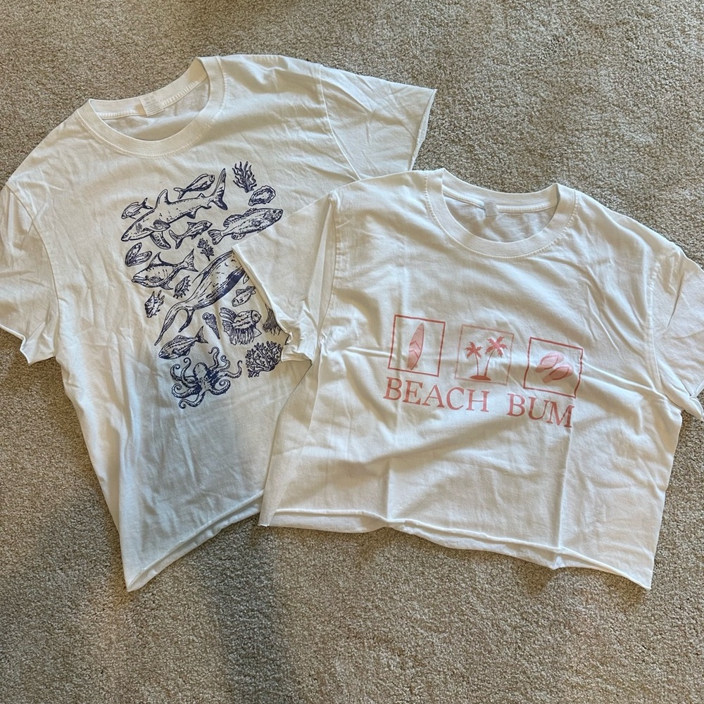 Womens Graphic T-Shirts - White with Blue and Pink Designs